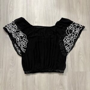 Do Be Crop Top Women Black Sheer Embroidered Butterfly Sleeve Size L